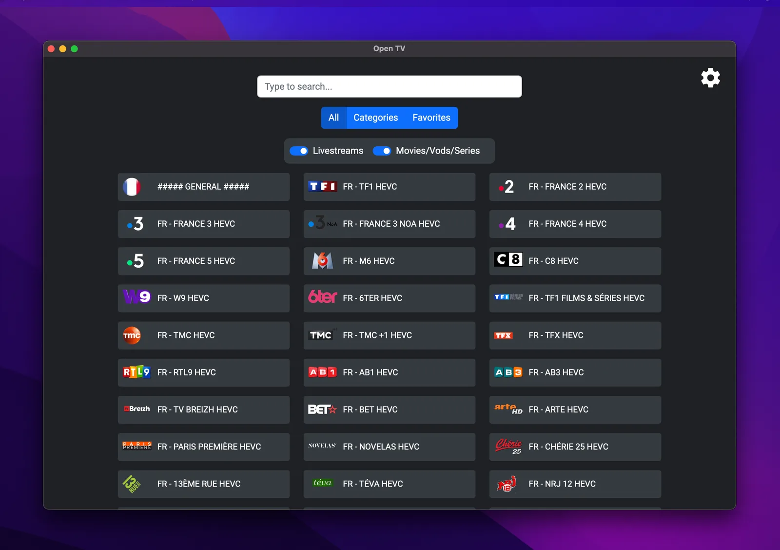 Fred TV desktop: channel grid with search, categories and favorites