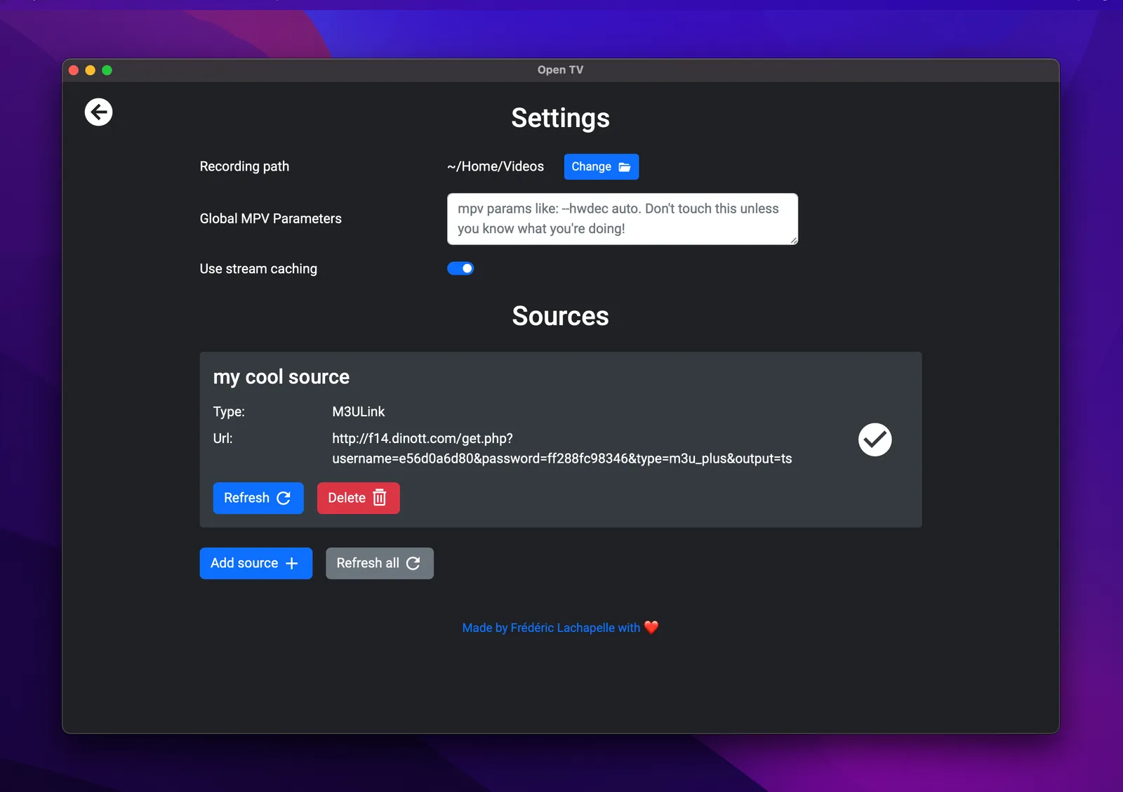 Fred TV desktop: settings and source management